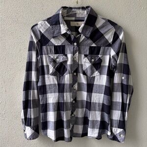 Thread & Supply Navy/White Check Button Up Long Sleeve Women Size‎ L Pockets